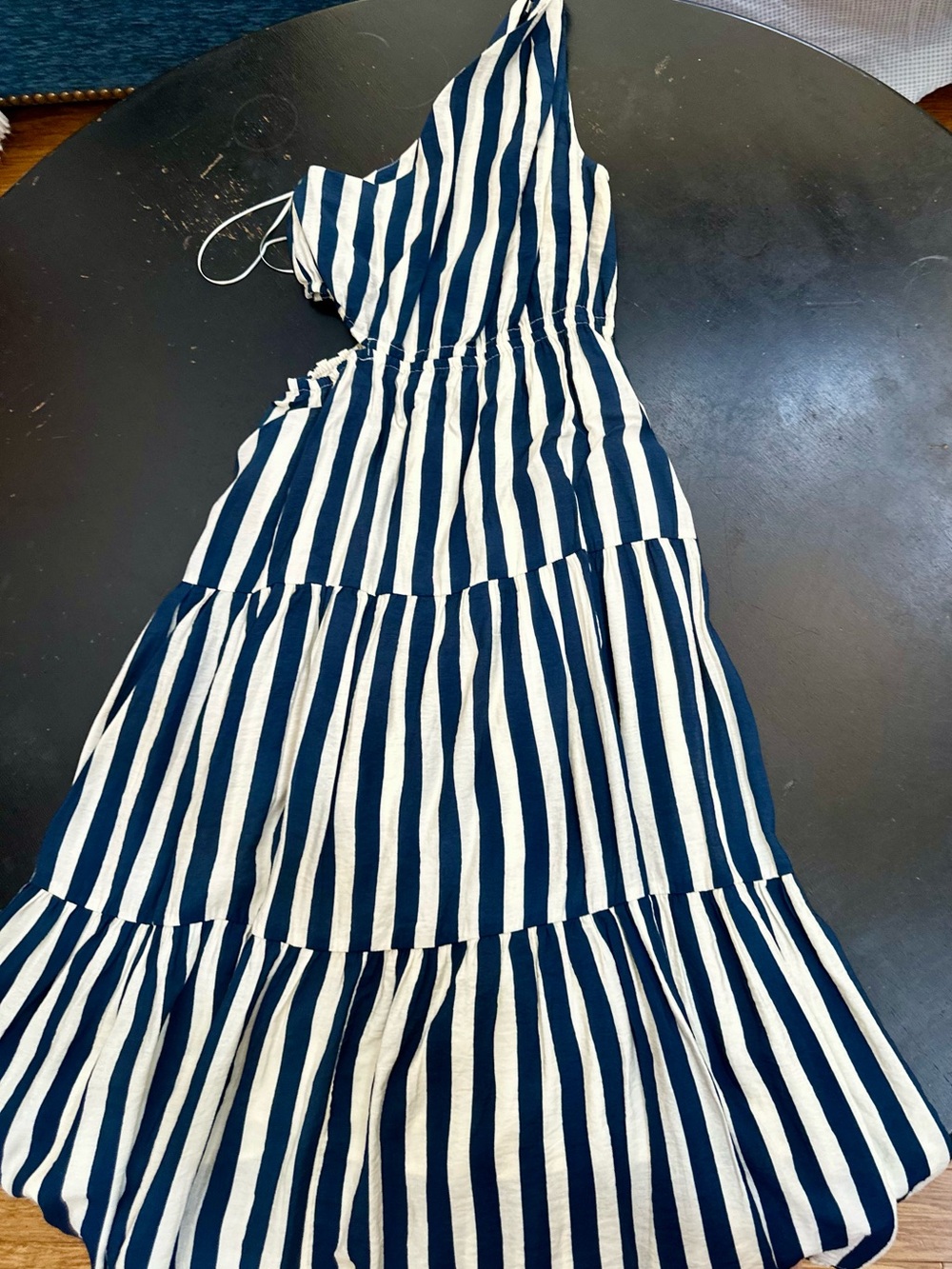 Moon River Navy and White Striped One-Shoulder Maxi Dress